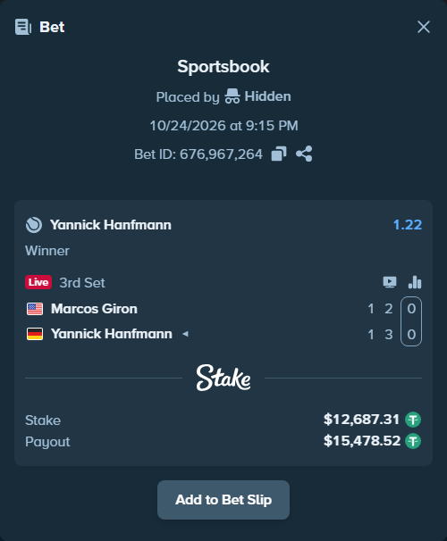 Bet slip: Marcos Giron - Yannick Hanfmann, $12,700.00 stake at 1.22 odds, placed by win4069