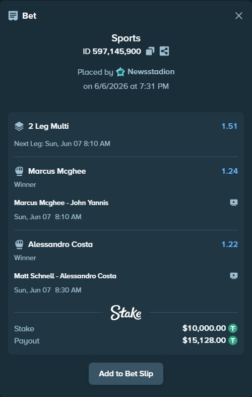 Bet slip: Marcus Mcghee - John Yannis, $10,000.00 stake at 1.24 odds, placed by Newsstadion