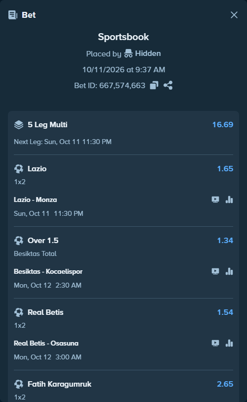 Bet slip: Mardin 1969 Spor - Fatih Karagumruk, $11,492.53 stake at 2.65 odds, placed by Hidden