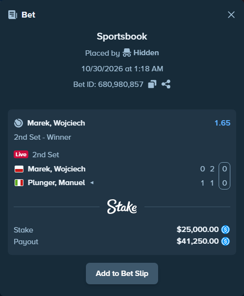 Bet slip: Marek, Wojciech - Plunger, Manuel, $25,000.00 stake at 1.65 odds, placed by Hidden