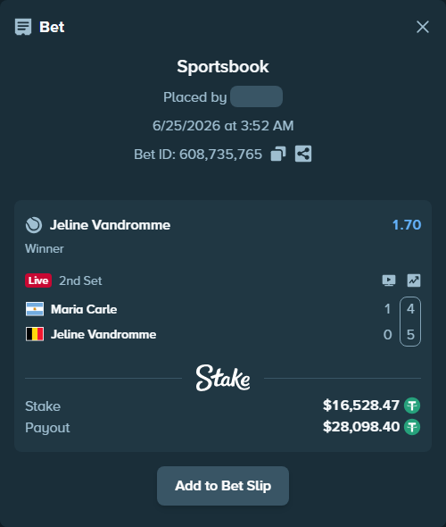 Bet slip: Maria Carle - Jeline Vandromme, $16,545.00 stake at 1.70 odds, placed by SBoSS97