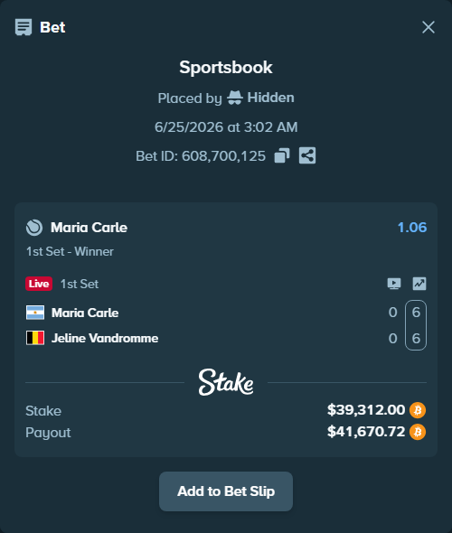 Bet slip: Maria Carle - Jeline Vandromme, $38,701.94 stake at 1.06 odds, placed by Hidden