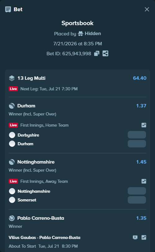 Bet slip: Maria Carle - Jule Niemeier, $19,994.70 stake at 1.44 odds, placed by Hidden