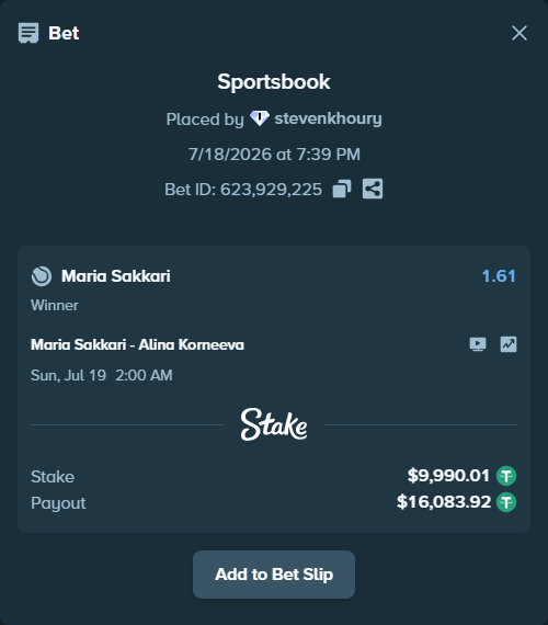 Bet slip: Maria Sakkari - Alina Korneeva, $10,000.00 stake at 1.61 odds, placed by stevenkhoury