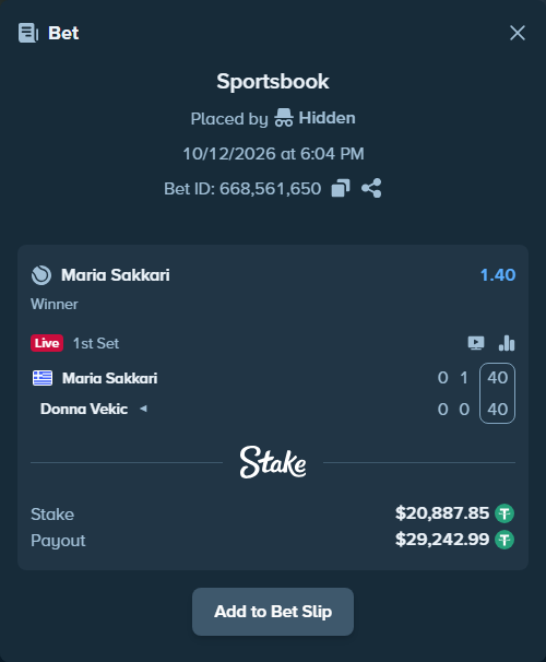 Bet slip: Maria Sakkari - Donna Vekic, $20,908.74 stake at 1.40 odds, placed by Hidden
