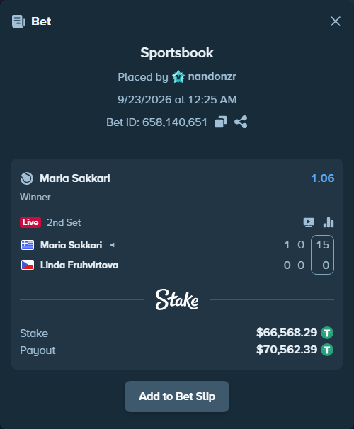 Bet slip: Maria Sakkari - Linda Fruhvirtova, $66,568.29 stake at 1.06 odds, placed by nandonzr