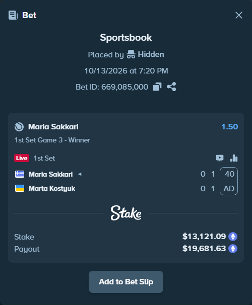 Bet slip: Maria Sakkari - Marta Kostyuk, $13,049.13 stake at 1.50 odds, placed by Hidden