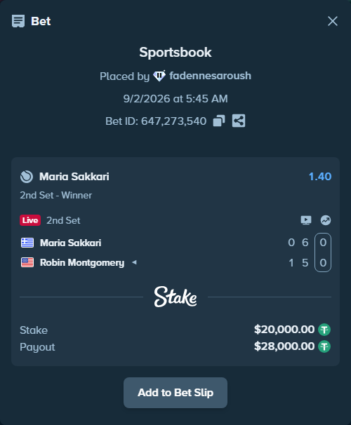 Bet slip: Maria Sakkari - Robin Montgomery, $20,000.00 stake at 1.40 odds, placed by fadennesaroush
