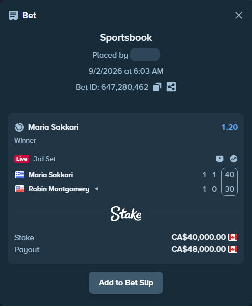 Bet slip: Maria Sakkari - Robin Montgomery, $29,600.00 stake at 1.20 odds, placed by Zach0919