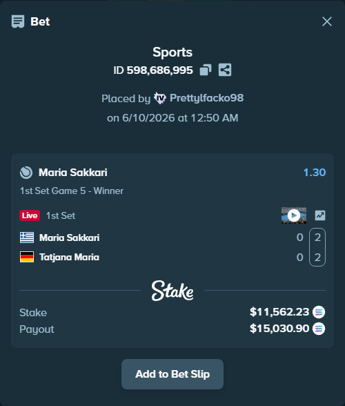 Bet slip: Maria Sakkari - Tatjana Maria, $13,011.85 stake at 1.30 odds, placed by Prettylfacko98