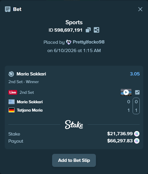 Bet slip: Maria Sakkari - Tatjana Maria, $24,701.63 stake at 3.05 odds, placed by Prettylfacko98