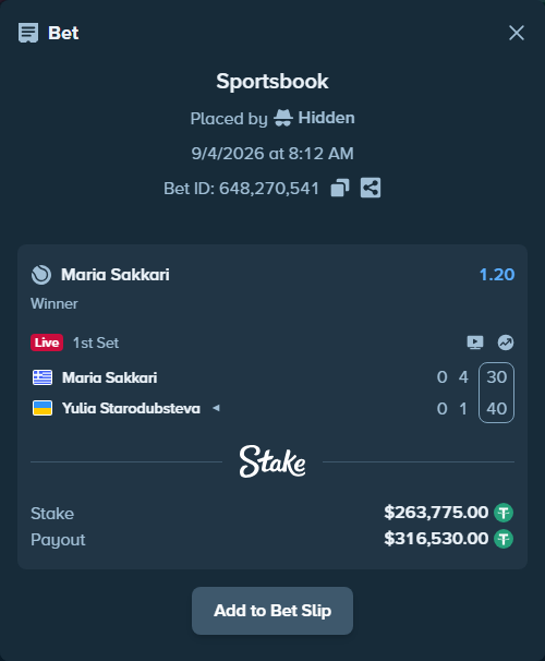 Bet slip: Maria Sakkari - Yulia Starodubsteva, $263,775.00 stake at 1.20 odds, placed by Hidden