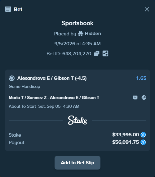Bet slip: Maria T / Sonmez Z - Alexandrova E / Gibson T, $33,995.00 stake at 1.65 odds, placed by Hidden