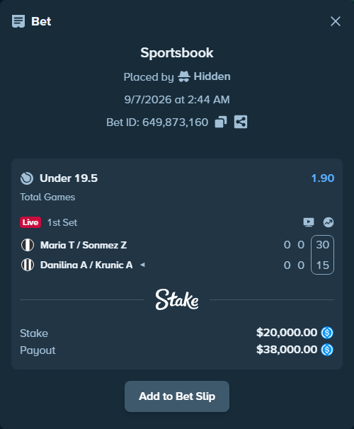Bet slip: Maria T / Sonmez Z - Danilina A / Krunic A, $20,000.00 stake at 1.90 odds, placed by Hidden