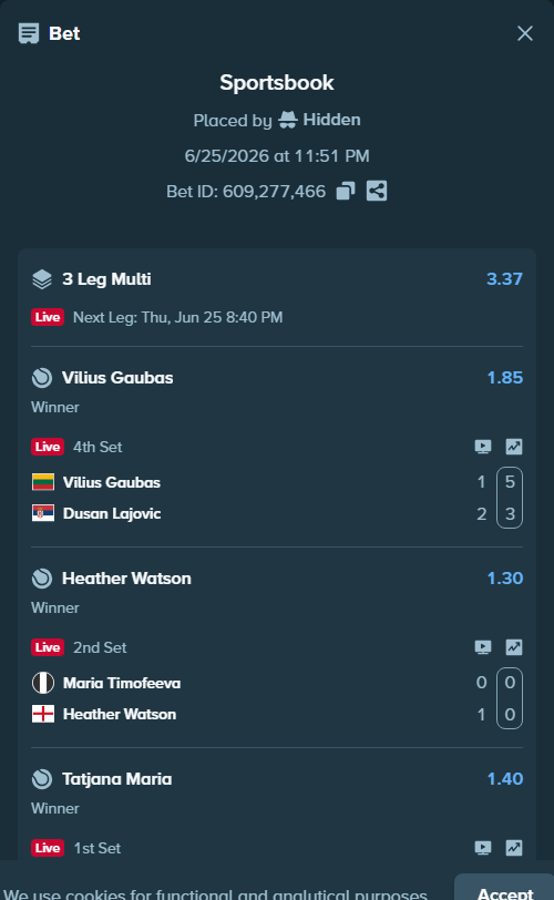 Bet slip: Maria Timofeeva - Heather Watson, $100,724.62 stake at 1.30 odds, placed by Hidden
