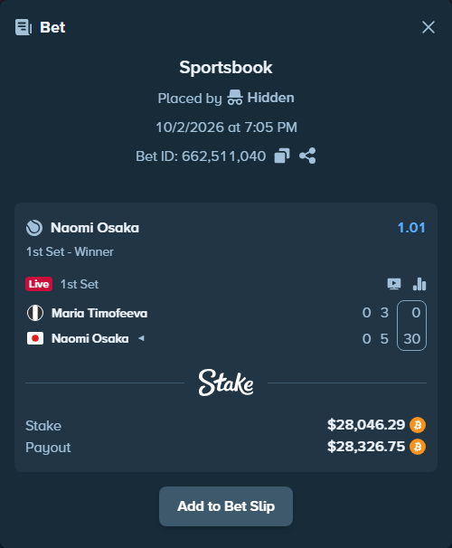 Bet slip: Maria Timofeeva - Naomi Osaka, $28,124.73 stake at 1.01 odds, placed by hungrybox