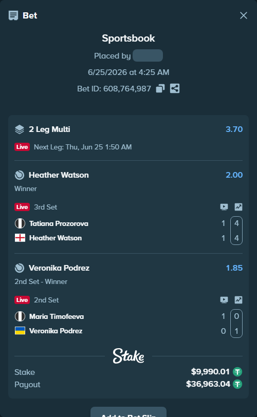 Bet slip: Maria Timofeeva - Veronika Podrez, $10,000.00 stake at 1.85 odds, placed by Tamarhadsa