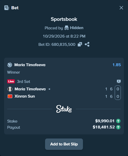 Bet slip: Maria Timofeeva - Xinran Sun, $10,000.00 stake at 1.85 odds, placed by Kishnoalmai