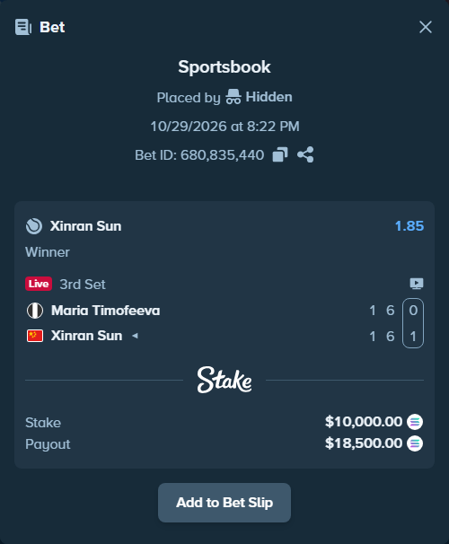 Bet slip: Maria Timofeeva - Xinran Sun, $10,035.95 stake at 1.85 odds, placed by AustinAlgamus