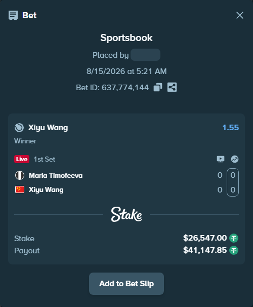 Bet slip: Maria Timofeeva - Xiyu Wang, $26,573.55 stake at 1.55 odds, placed by riaggo1