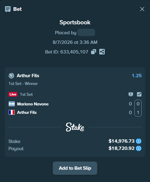 Bet slip: Mariano Navone - Arthur Fils, $14,976.73 stake at 1.25 odds, placed by Fekah4