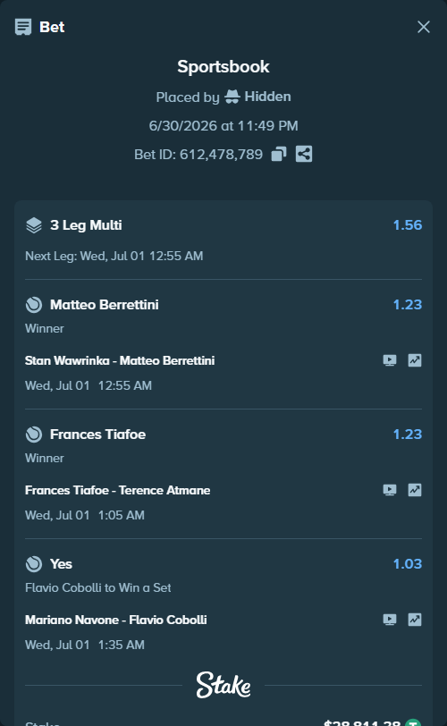Bet slip: Mariano Navone - Flavio Cobolli, $28,869.00 stake at 1.03 odds, placed by Hidden