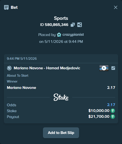 Bet slip: Mariano Navone - Hamad Medjedovic, $10,000.00 stake at 2.17 odds, placed by crazypianist