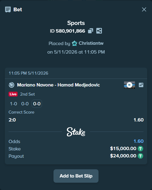 Bet slip: Mariano Navone - Hamad Medjedovic, $15,000.00 stake at 1.60 odds, placed by Christiantw