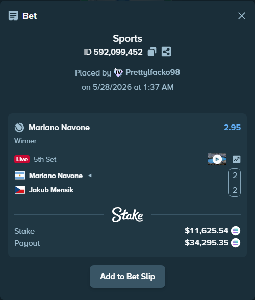Bet slip: Mariano Navone - Jakub Mensik, $10,138.76 stake at 2.95 odds, placed by Prettylfacko98