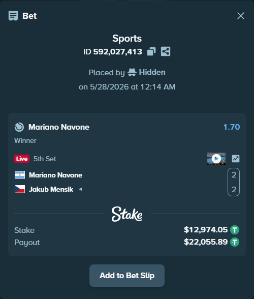 Bet slip: Mariano Navone - Jakub Mensik, $13,000.00 stake at 1.70 odds, placed by Hidden