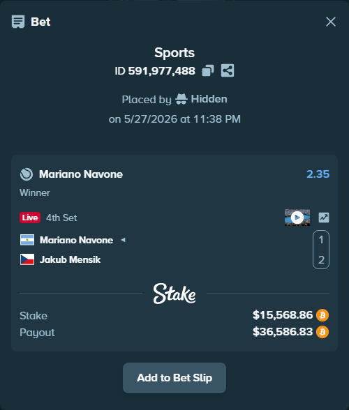 Bet slip: Mariano Navone - Jakub Mensik, $13,380.64 stake at 2.35 odds, placed by Hidden