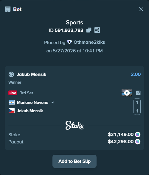 Bet slip: Mariano Navone - Jakub Mensik, $18,521.90 stake at 2.00 odds, placed by Othmane2kiks