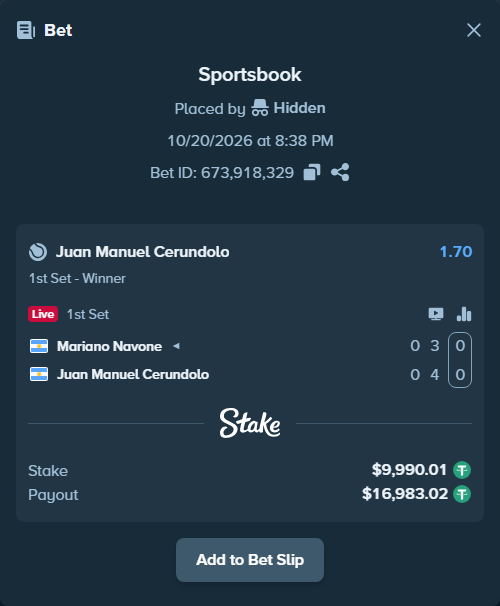 Bet slip: Mariano Navone - Juan Manuel Cerundolo, $10,000.00 stake at 1.70 odds, placed by Mates99