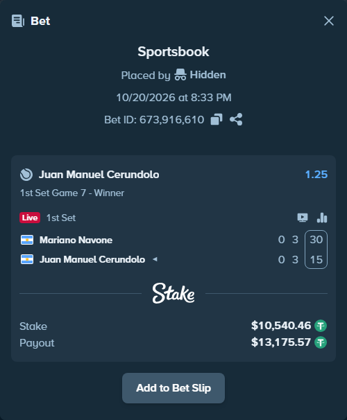 Bet slip: Mariano Navone - Juan Manuel Cerundolo, $10,551.00 stake at 1.25 odds, placed by Kriski99