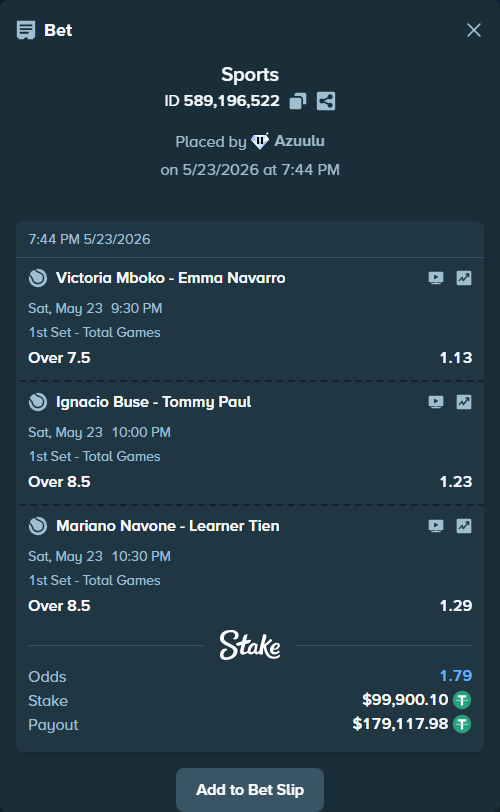 Bet slip: Mariano Navone - Learner Tien, $100,000.00 stake at 1.29 odds, placed by Azuulu