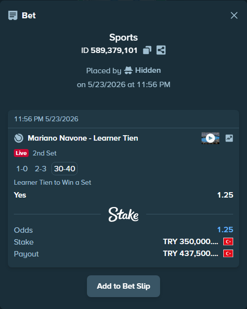 Bet slip: Mariano Navone - Learner Tien, $10,500.00 stake at 1.25 odds, placed by Hidden