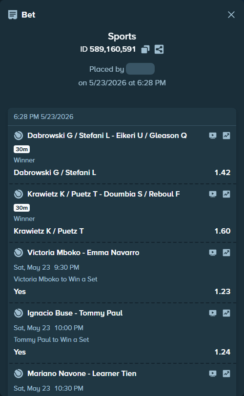 Bet slip: Mariano Navone - Learner Tien, $10,195.89 stake at 1.24 odds, placed by Rosspicks