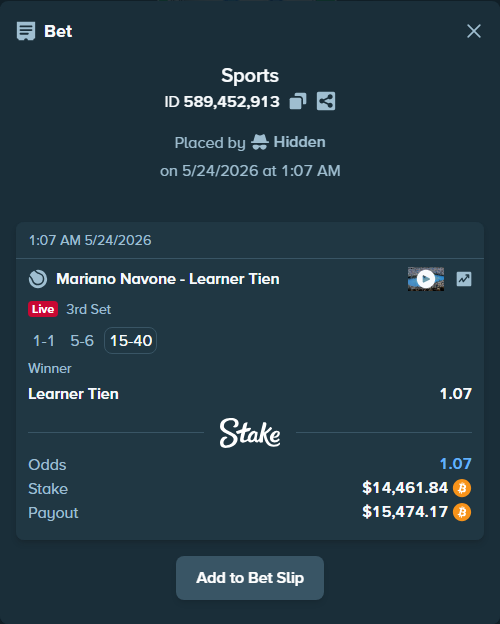 Bet slip: Mariano Navone - Learner Tien, $12,317.57 stake at 1.07 odds, placed by Hidden