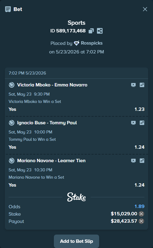 Bet slip: Mariano Navone - Learner Tien, $13,188.92 stake at 1.24 odds, placed by Rosspicks