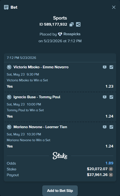 Bet slip: Mariano Navone - Learner Tien, $17,577.61 stake at 1.24 odds, placed by Rosspicks