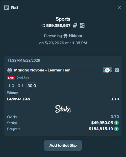 Bet slip: Mariano Navone - Learner Tien, $50,000.00 stake at 3.70 odds, placed by Hidden