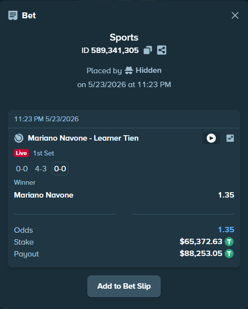 Bet slip: Mariano Navone - Learner Tien, $65,438.00 stake at 1.35 odds, placed by Hidden