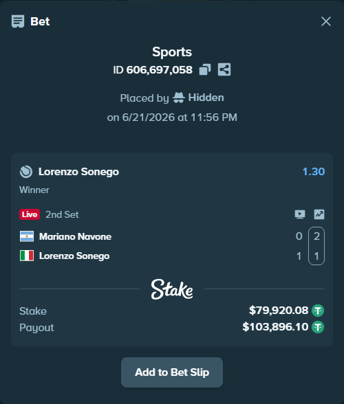 Bet slip: Mariano Navone - Lorenzo Sonego, $80,000.00 stake at 1.30 odds, placed by Hidden