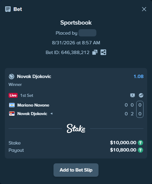 Bet slip: Mariano Navone - Novak Djokovic, $10,000.00 stake at 1.08 odds, placed by Raja6457
