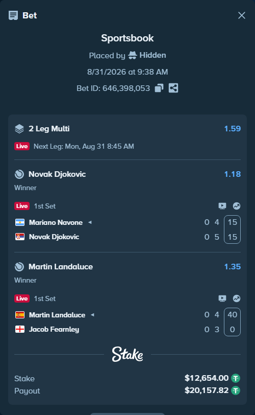 Bet slip: Mariano Navone - Novak Djokovic, $12,654.00 stake at 1.18 odds, placed by Hidden