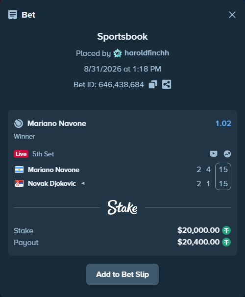 Bet slip: Mariano Navone - Novak Djokovic, $20,000.00 stake at 1.02 odds, placed by haroldfinchh
