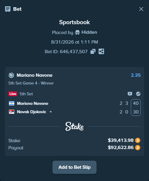 Bet slip: Mariano Navone - Novak Djokovic, $39,356.62 stake at 2.35 odds, placed by Hidden