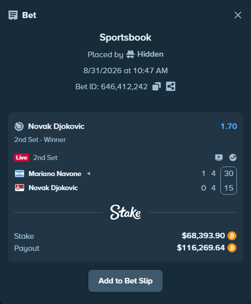 Bet slip: Mariano Navone - Novak Djokovic, $67,990.85 stake at 1.70 odds, placed by Hidden