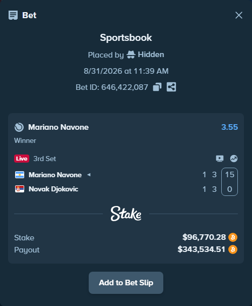 Bet slip: Mariano Navone - Novak Djokovic, $97,972.03 stake at 3.55 odds, placed by Hidden