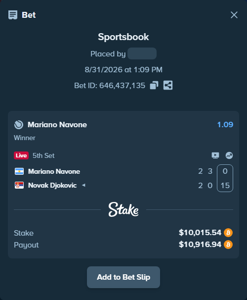 Bet slip: Mariano Navone - Novak Djokovic, $10,000.96 stake at 1.09 odds, placed by mousser